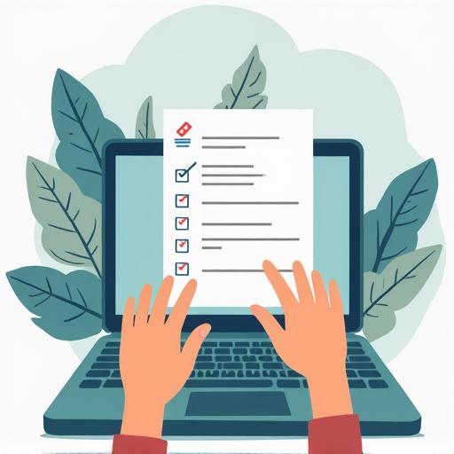 Ilustración de una persona completando un formulario en línea en una laptop.